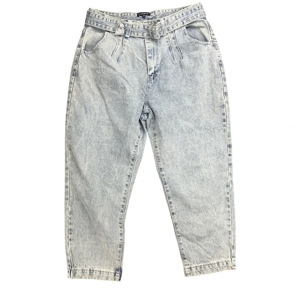 Thinner Light‎ Wash Acid Denim High Waisted Pleated Mom Jeans with Belt Size 11